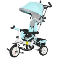 HOMCOM Triciclo Evolutivo para Bebés de +12 Meses 2 em 1 com Toldo Dobrável Guiador Cinto de Segurança e Cesto 95x50x106 cm Verde Mint(m-11)