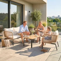 Outsunny Conjunto Jardín Exterior de 4 Piezas con Sofá 2 Sillones y Mesa WPC Ratán PE Tipo Cuerda Cojines Acolchados Blanco(m-8)