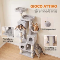 PawHut Albero Tiragraffi Alto 200 cm con Pali in Sisal, 2 Cucce, 3 Casette, Amaca, Grigio Chiaro(m-7)