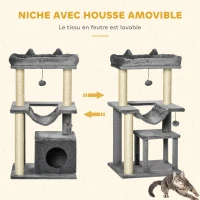 PawHut Arbre à chat avec griffoir, en tissu peluche, tour de jeux pour chat, lit, niche, hamac, plateforme 48 x 48 x 90 cm gris(m-6)