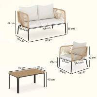 Outsunny Conjunto Jardín Exterior de 4 Piezas con Sofá 2 Sillones y Mesa WPC Ratán PE Tipo Cuerda Cojines Acolchados Blanco(m-3)