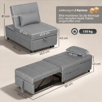 HOMCOM 3-in-1 opklapbare slaapstoel met zijvak, logeerbed met kussen, verstelbare rugleuning en wielen, lichtgrijs(m-3)