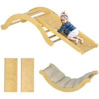 AIYAPLAY Kinder Klimset, 4-in-1 Ontwerp met Boogbrug, Schommelschommel, Kussen, Glijbaan, voor Binnenshuis, Hout(m-11)