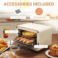 HOMCOM Mini Oven, Small Toaster Oven with Glass Door, Adjustable Temperature and Timer, Accessory Included, 750W, Cream White(m-6)