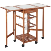 HOMCOM Mesa Auxiliar Cocina 91x37x75 cm Plegable 6 Ruedas 1 Cajón 2 Cestas Carrito Servicio Pino Metal Cromado(m-11)