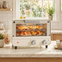 HOMCOM Mini Oven, Small Toaster Oven with Glass Door, Adjustable Temperature and Timer, Accessory Included, 750W, Cream White(m-2)