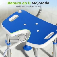 HOMCOM Silla Ducha Personas Mayores Antideslizante con Respaldo Altura Ajustable Soporte para Alcachofa Carga 150 kg Azul(m-5)