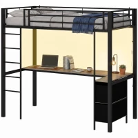 HOMCOM Metal Bunk Bed with Desk, High Sleeper Bed with LED Light and Safety Guardrail for Teens Adults, No Box Spring Needed(m-15)
