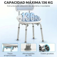 HOMCOM Silla Ducha Personas Mayores con Protectores Laterales Respaldo Antideslizantes Altura Regulable Carga 136 kg Azul(m-6)