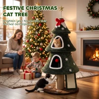 PawHut Cat Tree, Christmas Cat Tower with Dual Condos, Sisal Ladder, Jute Posts, Anti-Tip Rope, Hanging Balls, 60 x 60 x 132 cm(m-4)