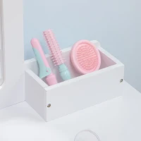 ZONEKIZ Set Toeletta per Bambini con Tavolo Trucco e Sgabello, Specchio e 2 Cassetti, Bianco e Colore Legno(m-7)