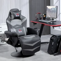 HOMCOM Massage Gaming Chair, Swivel Racing Video Gaming Recliner with Retractable Footrest, Headrest, Cup Holders and Side Pockets, Ergonomic High Back PU Leather Executive Desk Chair, Grey(m-11)
