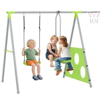 AIYAPLAY Portique balancoire enfant 4 en 1 avec sièges et face à face, panier de basket-ball et but de football, charge 135 kg(m-12)