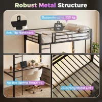 HOMCOM Metal Bunk Bed with Desk, High Sleeper Bed with LED Light and Safety Guardrail for Teens Adults, No Box Spring Needed(m-4)