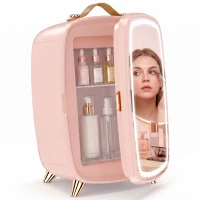HOMCOM Draagbare minikoelkast voor cosmetica, drankjes en snacks met verlichte spiegel, stille werking, 6L, roze(m-15)