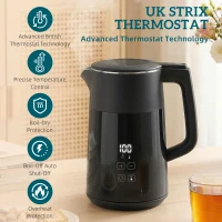 HOMCOM Electric Kettle, 1.7L Fast Boil 3kW Water Kettle with UK Strix Thermostat, LED Display, Keep Warm Function, Black(m-5)