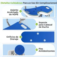 HOMCOM Silla Ducha Personas Mayores Antideslizante con Respaldo Altura Ajustable Soporte para Alcachofa Carga 150 kg Azul(m-7)