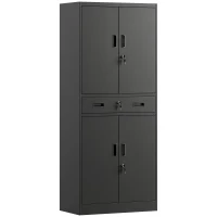 HOMCOM Metalen kast 180 cm, gereedschapskast met afsluitbare deuren, lade en verstelbare planken, zwart(m-1)