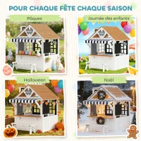 AIYAPLAY Cabane enfant extérieur en bois, maison enfant extérieure avec chatière, ustensiles de cuisine, banc et sonnette, blanc(m-9)