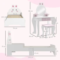 ZONEKIZ Wooden Kids Bedroom Furniture Set with Kids Dressing Table, Stool, Bed, for 3-6 Years, Bunny-Design(m-3)