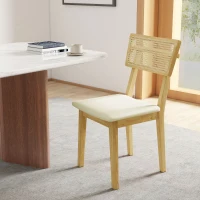 HOMCOM Eetkamerstoel met rotan rugleuning, kunstleren zitting en rubberhout, naturel(m-2)