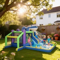 AIYAPLAY 8-in-1 aufblasbar Hüpfburg mit Hai-Design Gebläse Rutsche Planschbecken Trampolin für 3–8 Jahre 405x345x235cm Mehrfarbig(m-2)