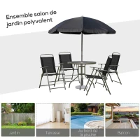 Outsunny Ensemble Salon de Jardin 6 pcs - Table Ronde + 4 chaises Pliables + Parasol - Acier époxy café textilène Polyester Noir(m-6)