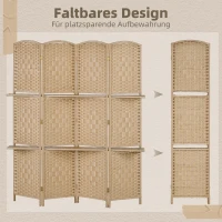HOMCOM 4-teiliger Paravent, 160 x 170 cm, faltbare Trennwand mit 2 Regalen, Naturholz(m-4)