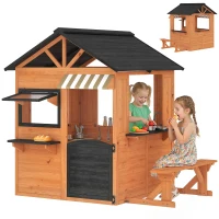 AIYAPLAY Casita Infantil Exterior e Interior de Madera con Cocina de Juguete y Banco de Picnic Ventanas de Servicio Marrón(m-11)