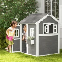 Outsunny Speelhuis voor kinderen, huis voor binnen en buiten met deur, ramen en plantenbak, dennenhout, grijs(m-2)