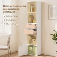 HOMCOM Boekenkast met 2 lades, smalle boekenkast met 3 open schappen, voor kantoor of slaapkamer, 30x24x158 cm, wit(m-5)