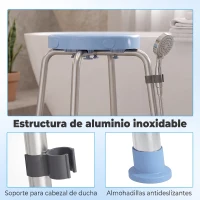 HOMCOM Taburete de Ducha Giratorio 360° Taburete Ducha con Marco de Aluminio y Altura Regulable en 5 Niveles Azul Claro(m-7)