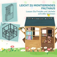 AIYAPLAY Kinderspielhaus aus Tannenholz, Faltbares Häuschen mit Fenstern, Tür, für Kinder im Alter von 3-8 Jahren, Braun+Blau(m-5)