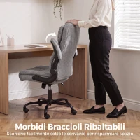 HOMCOM Sedia Ufficio Girevole con Braccioli Ribaltabili, Altezza Regolabile, Dondolo in Tessuto Effetto Lino, Grigio(m-6)