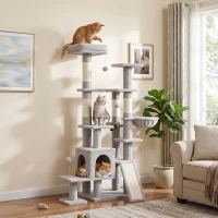 PawHut Arbre à Chat 5 niveaux 152cm, Niche, Hamac, Plateforme, Poteaux à Griffer, Balles Suspendues, Gris Clair(m-16)