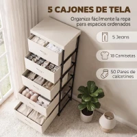 HOMCOM Cómoda para Dormitorio con 5 Cajones de Tela Marco de Acero Cajonera para Salón Oficina Vestidor Beige(m-4)