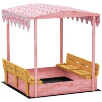 AIYAPLAY Wooden Sandbox with Lid, Flamingos Print Canopy, Kids Outdoor Sand Pit with Foldable Bench Seats, Bottom Liner, Pink(m-1)