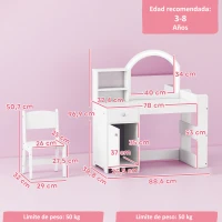 AIYAPLAY Tocador de Maquillaje Niña Tocador Infantil con Taburete y Espejo con Luces LED 1 Cajón Armario y 5 Estantes Blanco(m-3)