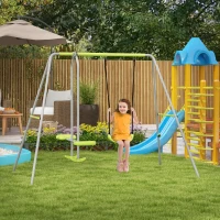 Outsunny Columpio para Niños Columpio Jardín Exterior con 1 Columpio Simple 1 Planeador y Anti-UV 255x160x180 cm Gris y Verde(m-10)