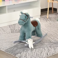 HOMCOM Cavallo a Dondolo per Bambini in Peluche e Legno con Suoni e Orsetto Incluso, per Bimbi da 18-36 Mesi, 65x26x55cm, Blu(m-10)