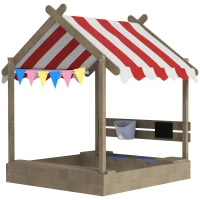 Outsunny House-Designed Wooden Sandbox, Outdoor Sandpit, with Blackboard, Toys, Sink, Seats, Flags, for Ages 3-7 Years - Grey(m-12)