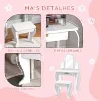 HOMCOM Toucador para Crianças com Espelho e Banco Toucador de Maquilhagem para Crianças de 3 a 6 Anos 52x32x85 cm Branco(m-6)