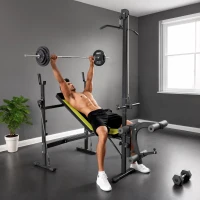 HOMCOM Banco de Pesas Multifuncional con Entrenador de Polea Banco de Musculación Reclinable con Altura Ajustable para Fitness Entrenamiento Completo en Gimnasio y Casa Carga 300 kg Negro(m-2)