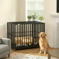 PawHut Heavy Duty Dog Crate, Dog Cage with Wheels for Medium Large Breeds, Metal Pet Kennel with Removable Tray(m-10)