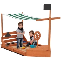 Outsunny Zandbak met Zonnedak Piratenschip, incl. Keukenspeelset voor Kinderen, Massief Hout, 180 x 103 x 144,5 cm, Oranje(m-11)