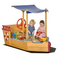 Outsunny Sand Pit, Kids Wooden Sandbox Pirate Ship, Sandboat Play Station with Canopy Shade, Storage Bench and Bottom Liner for Outdoor Garden(m-1)