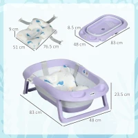 ZONEKIZ Vaschetta Bagnetto Pieghevole Bambini 0-6 Anni con Cuscino e 2 Ripiani, 83x48x23.5 cm, Viola e Bianco(m-3)