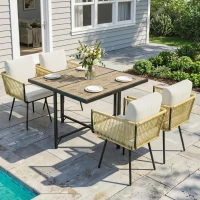 Outsunny Conjunto de Mesa y Sillas Jardín de Ratán 5 Piezas con Mesa de Plástico-Madera 4 Sillas con Cojines Extraíbles Beige(m-2)