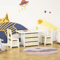 HOMCOM Juego de Mesa y Sillas Infantil de Madera 3 en 1 con 5 Cajones Tejidos de Almacenaje Mesa de Actividades para Bloques de Construcción y con Mapa de Ruta Color Natural(m-10)