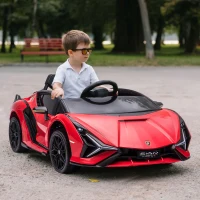 HOMCOM Masina electrica pentru copii 12V Lamborghini cu faruri si muzica, telecomanda si viteza 3-8 km/h, 108x62x40cm, Rosie(m-10)